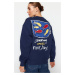 Trendyol Navy Blue Printed Oversize Crew Neck Knitted Sweatshirt