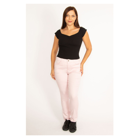 Şans Women's Plus Size Pink Lycra Gabardine Fabric Elastic Side Belt 5-Pocket Trousers