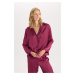 DEFACTO Women's Fall In Love Regular Fit Basic Plain Long Sleeve Top Bottom Satin Pajama Set