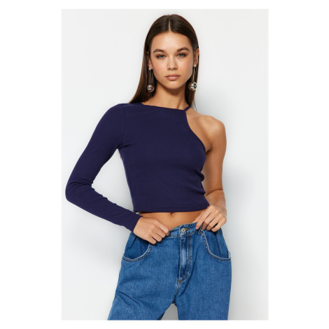 Trendyol Navy Blue Corduroy Fitted/Sleeved Crew Neck One-Sleeve Flexible Knitted Blouse
