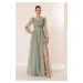 By Saygı Front Back V-Neck Waist with Stones and Draped Lined Long Tulle Dress