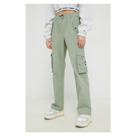 nohavice Tommy Jeans dámske, zelená farba, strih cargo, vysoký pás Tommy Hilfiger