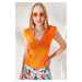 Olalook Women's Orange Sweatshirt And Skirt Detailed Front Back V Knitwear Blouse