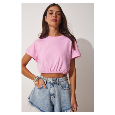 Happiness İstanbul Women's Pink Elastic Waist Crop T-Shirt