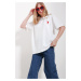 Trend Alaçatı Stili Women's White Crew Neck Heart A Embroidered Two Thread Oversize T-Shirt
