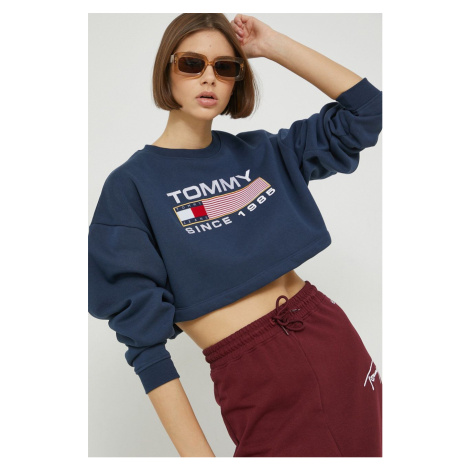 mikina Tommy Jeans dámska, tmavomodrá farba, s nášivkou Tommy Hilfiger