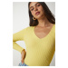 Happiness İstanbul Women's Yellow V-Neck Ribbed Basic Blouse