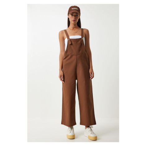 Happiness İstanbul Women's Brown Strappy Thin Gabardine Summer Gardener Overalls