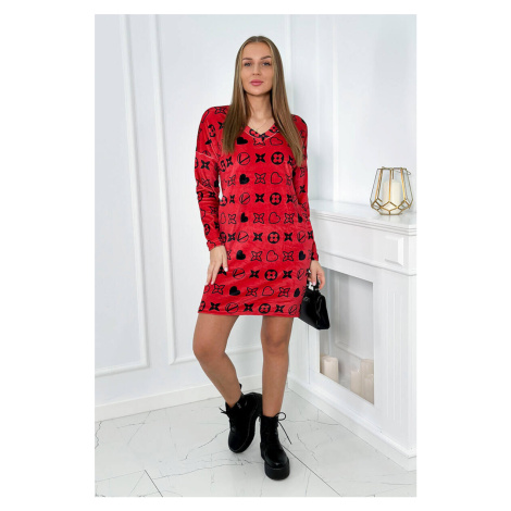 Velvet dress with a decorative red pattern