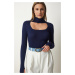 Happiness İstanbul Women's Navy Blue Cut Out Detailed High Collar Ribbed Knitwear Sweater