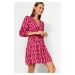 Trendyol Red Retro Printed Skater/Waist Open Double Breasted Neck Mini Stretch Knitted Dress