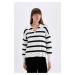 DEFACTO Women's Relax Fit Polo Collar Striped Knitwear Sweater