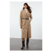 Trendyol Mink Regular Belted Stitch Detailed Soft Textured Long Coat