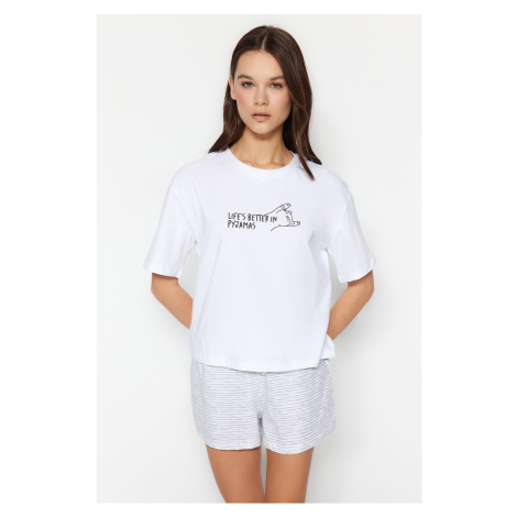 Trendyol White Striped Motto Printed Cotton T-shirt-Shorts Knitted Pajamas Set