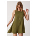 Happiness İstanbul Women's Khaki Crew Neck Summer Woven Bell Dress