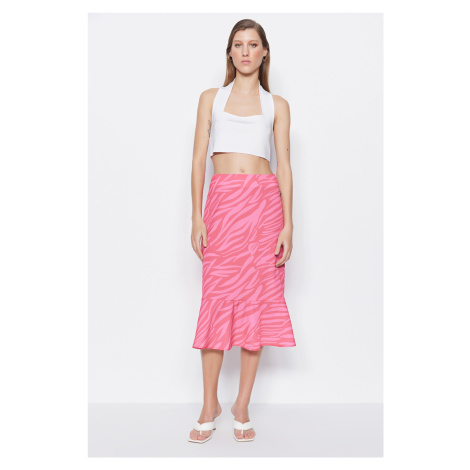 Trendyol ružová sukňa s volánovým vzorom midi dĺžky