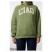 Trendyol Green Thick Fleece Slogan Printed Hooded Oversize/Wide Cut Knitted Sweatshirt