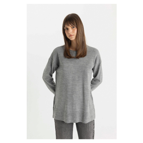 DEFACTO Regular Fit Crew Neck Slit Basic Plain Knitwear Sweater Tunic