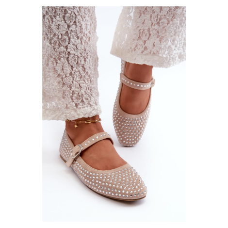 Eco-friendly suede ballerinas decorated with beige Tinara rhinestones