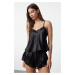 Trendyol Black Lace Detailed Rope Strap Satin Woven Pajama Set