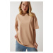 Happiness İstanbul Women's Dark Beige Crew Neck Basic Oversize Knitted T-Shirt