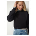 Happiness İstanbul Women's Black Shark Crop Sweatshirt