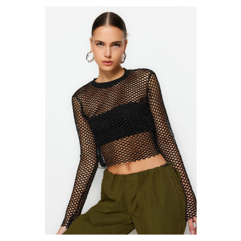 Trendyol Black Lurex Mesh, Relaxed Cut, Crew Neck Crop Knitted Blouse