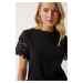 Happiness İstanbul Women's Black Guipure Sleeve Knitted Blouse