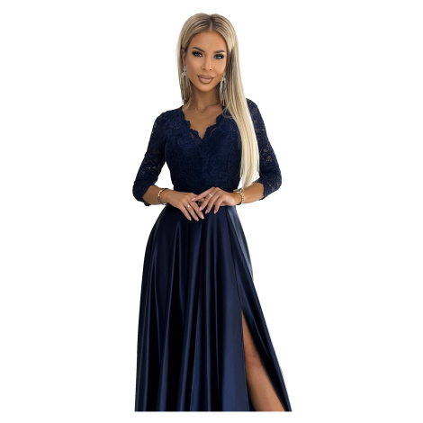 Lace long SATIN dress with neckline Numoco