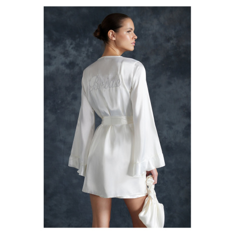 Trendyol Bridal White Belted Satin Woven Dressing Gown with Flounce and Back Embroidery Detail B