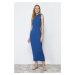 Trendyol Indigo Ruffle Detailed Ribbed Fitted Midi Smart Flexible Knitted Pencil Dress