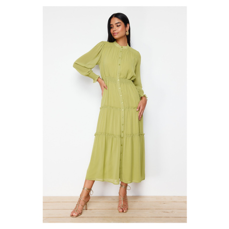 Trendyol Green Sleeves and Waist Gipe Detail Lined Chiffon Woven Shirt Dress