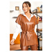 armonika Women's Tan V-Neck Leather-like blouse with a belt that is short in the front and long 
