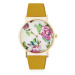 Analógové hodinky - ciferník s kvetmi ruží a zirkónmi, žltý náramok
