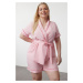 Trendyol Curve Pink Woven Pajama Set with Binding and Piping Detail