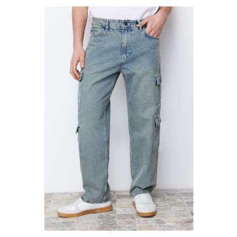 Trendyol Blue Distressed Look Wide Cut Jeans Jeans with Cargo Pockets