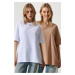 Happiness İstanbul Woman's White Dark Beige 2-Piece Crew Neck Basic Oversize Knitted T-Shirt