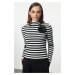 Trendyol Ecru Rose Detailed Ribbed Stand Collar Striped Knitwear Sweater