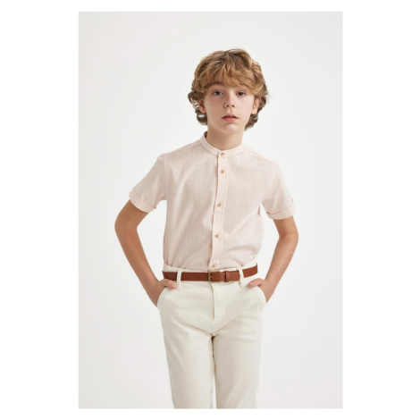 DEFACTO Boy's Stand Collar Linen Look Short Sleeve Shirt