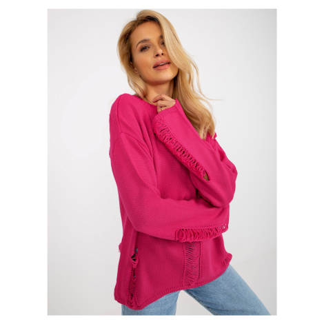 Fuchsia women's oversize sweater with holes with wool
