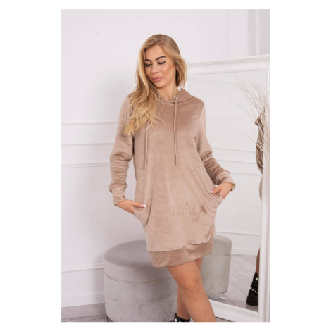 Velor dress with a hood of beige color