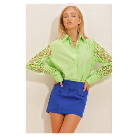 Trend Alaçatı Stili Women's Lime Green Guipure Knitted Shirt