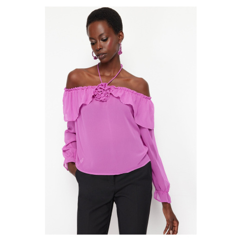 Trendyol Pink Unlined Flounce Rose Detailed Chiffon Blouse