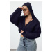 Trendyol Navy Blue Thick Fleece Hooded V-Neck Relaxed Cut Crop Knitted Sweatshirt