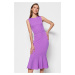 Trendyol fialový opasok vypasované midi tkané volánové šaty
