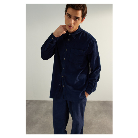 Trendyol Limited Edition Navy Blue Velvet Oversize Thick Winter 100% Cotton Shirt