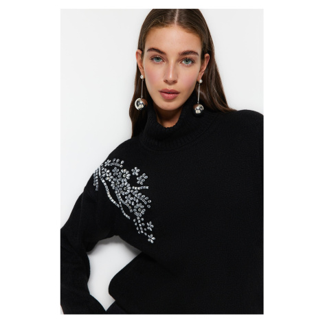 Trendyol Black Soft Textured Stone Detailed Turtleneck Knitwear Sweater