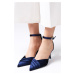 Mio Gusto Dina Navy Blue Color Velor Fabric Women's Heeled Shoes.