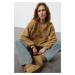 Trendyol Light Brown Plush Embroidered Oversize/Wide Pattern Thick Knitted Sweatshirt