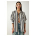 Happiness İstanbul Women's Cream Black Striped Oversize Knitted Shirt